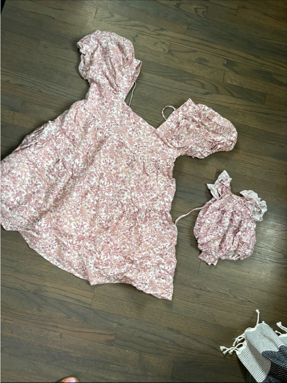 Pink Floral Women's Dress with Puff Sleeves with matching Baby Romper